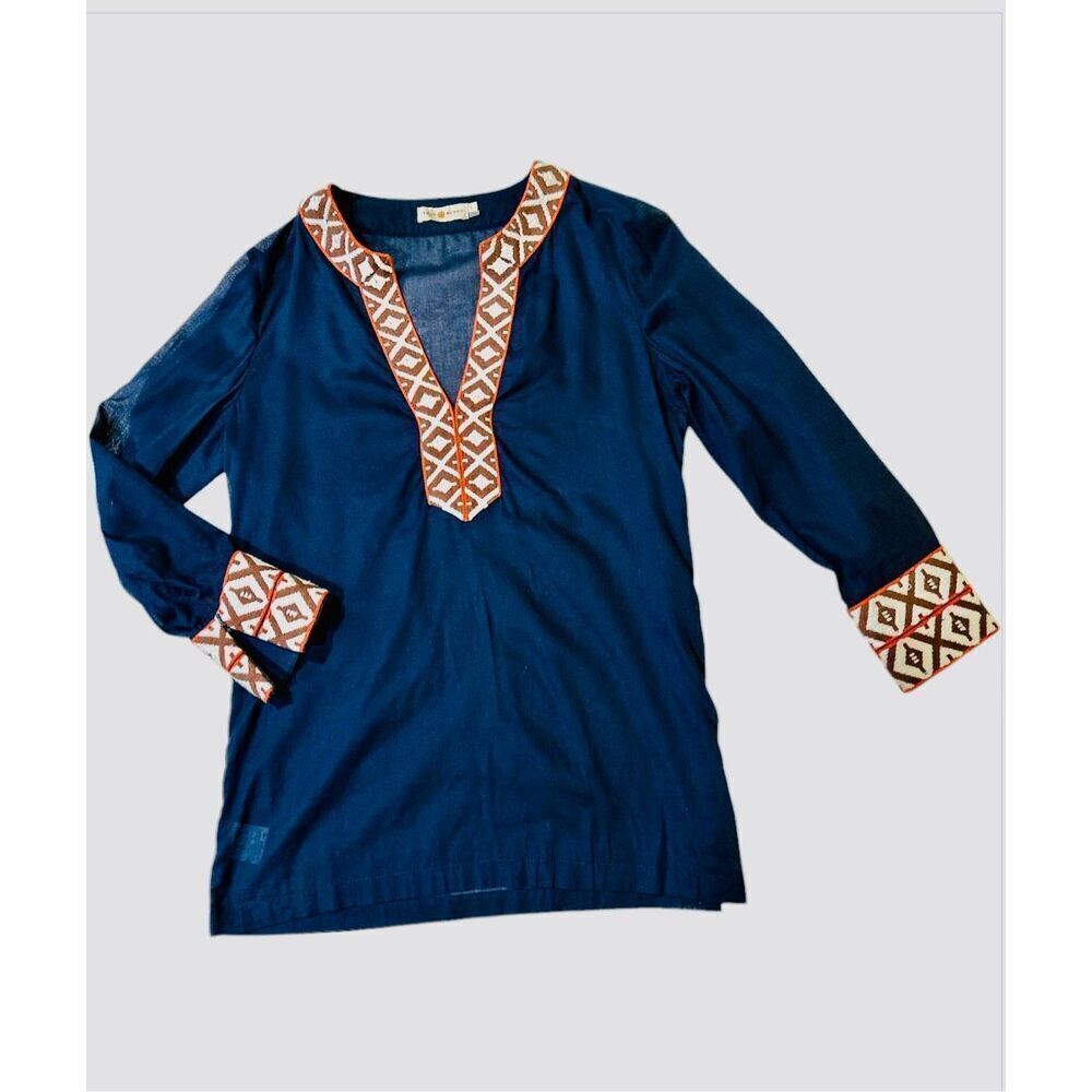 Tory Burch Asian Embroidered Neck end of Sleeve Blue Tonic Top